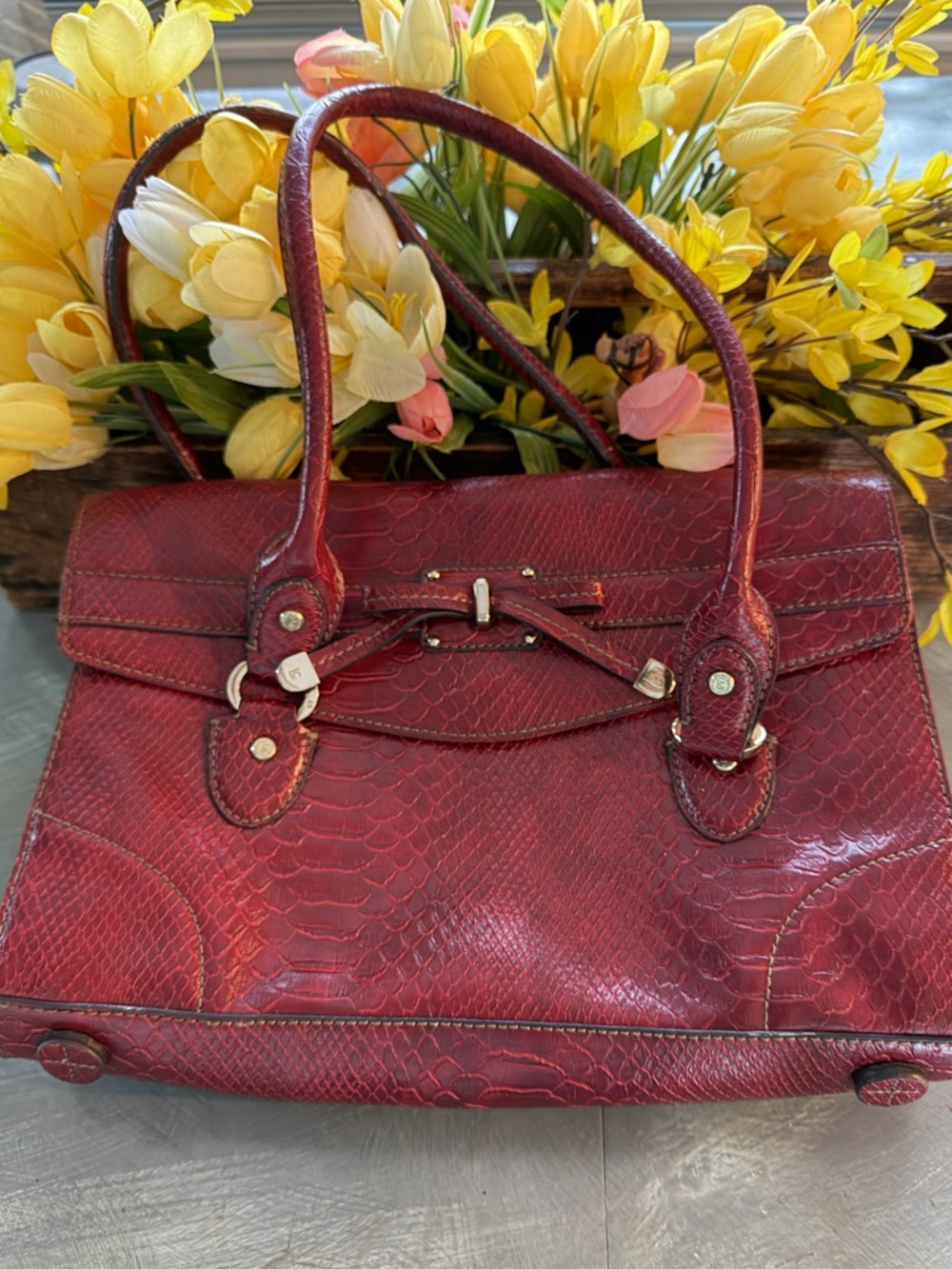 Red Faux-Snake Textured Satchel Handbag